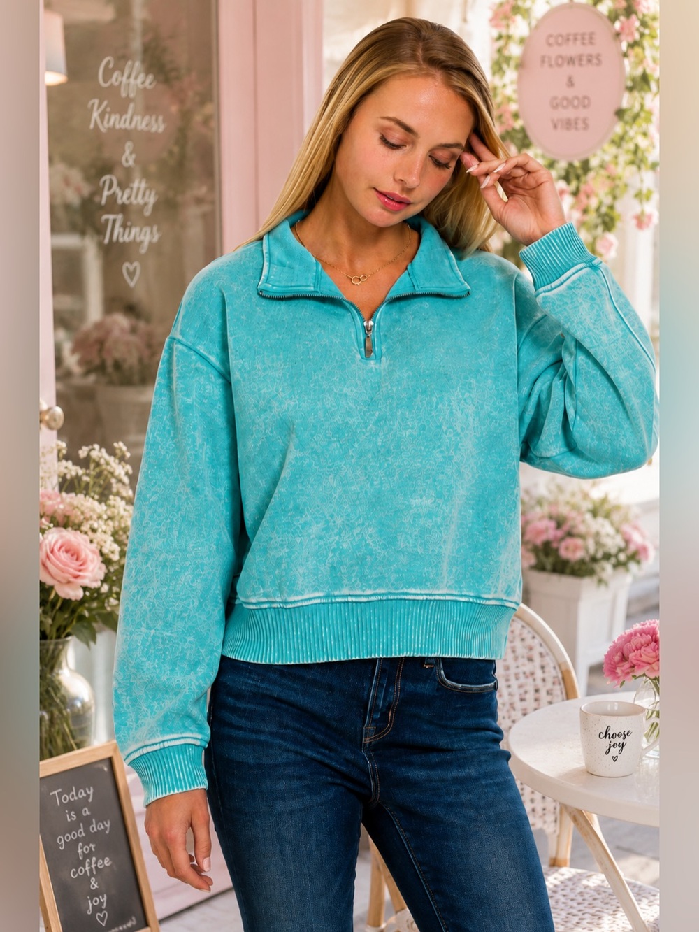 ZENANA TEAL ACID WASH FLEECE HALF ZIP PULLOVER NWT